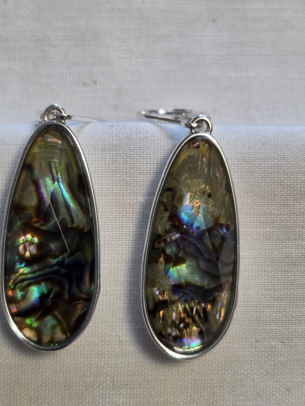 Vtg Napier Silver-Tone Faceted Abalone Teardrop Earrings